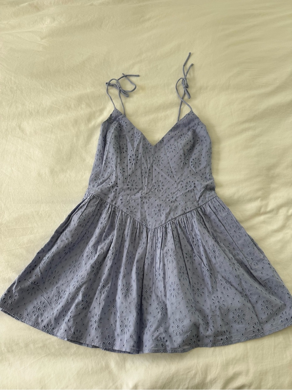 Tie-Strap Eyelet Mini Dress in Dusty Blue